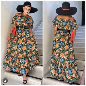 Flying Tomato Vibrant tropical Floral off shoulder orange blue Maxi Dress sm